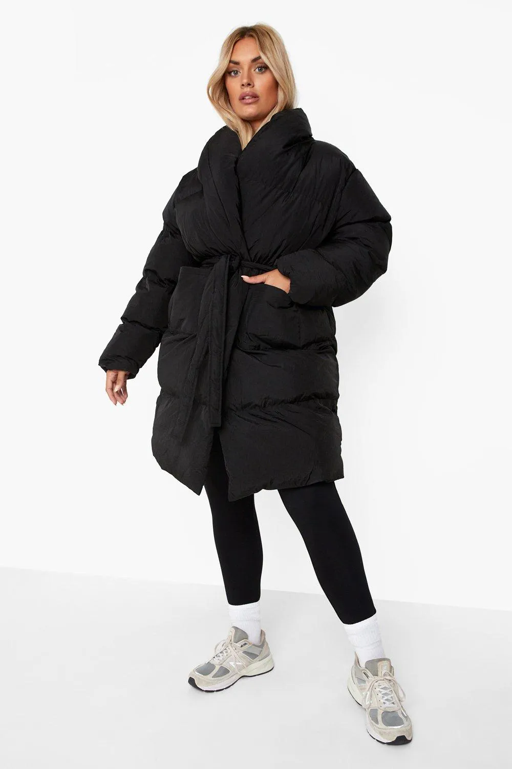 Plus Longline Wrap Belted Puffer Jacket