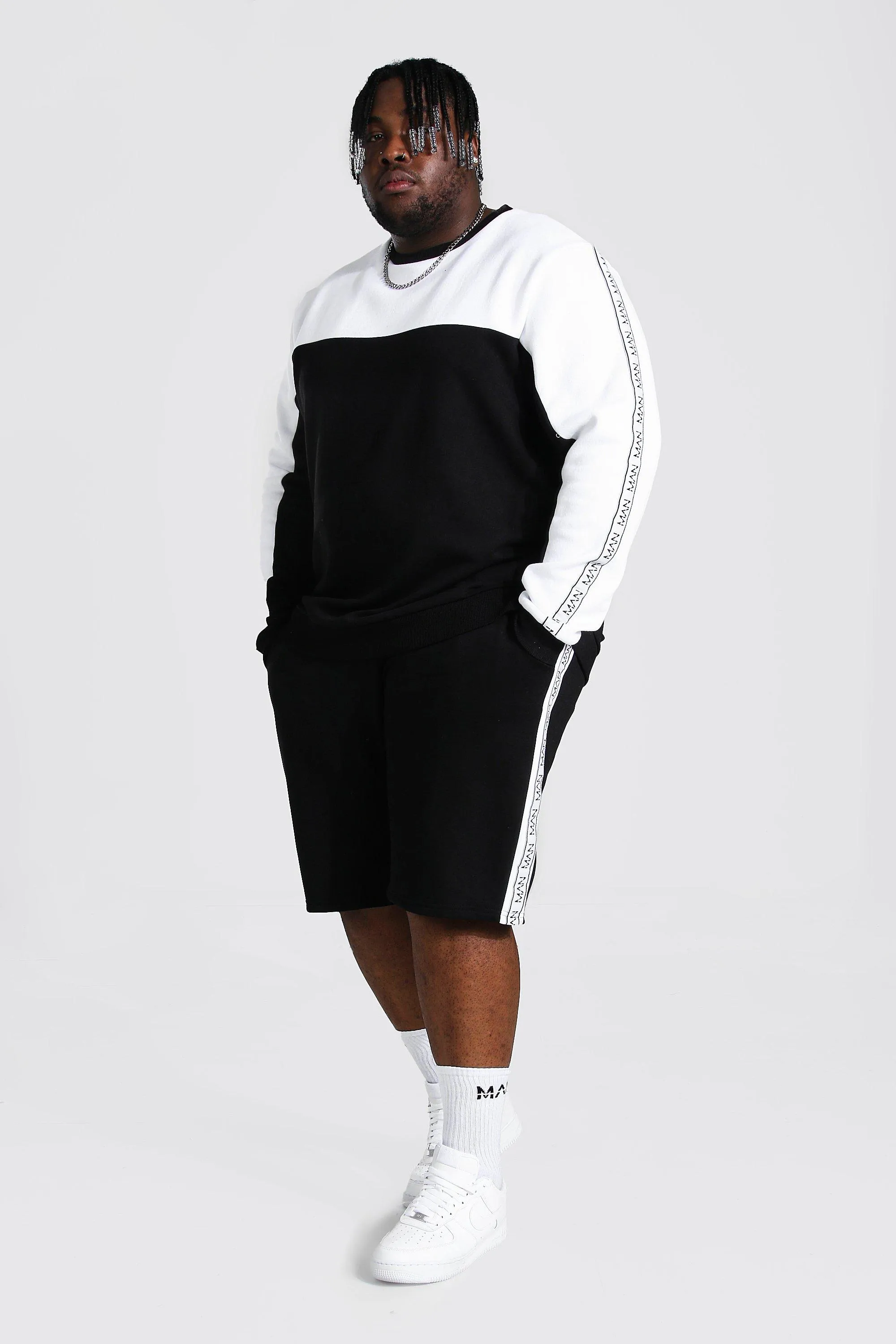 Plus Man Tape Colour Block Short Tracksuit | boohooMAN UK