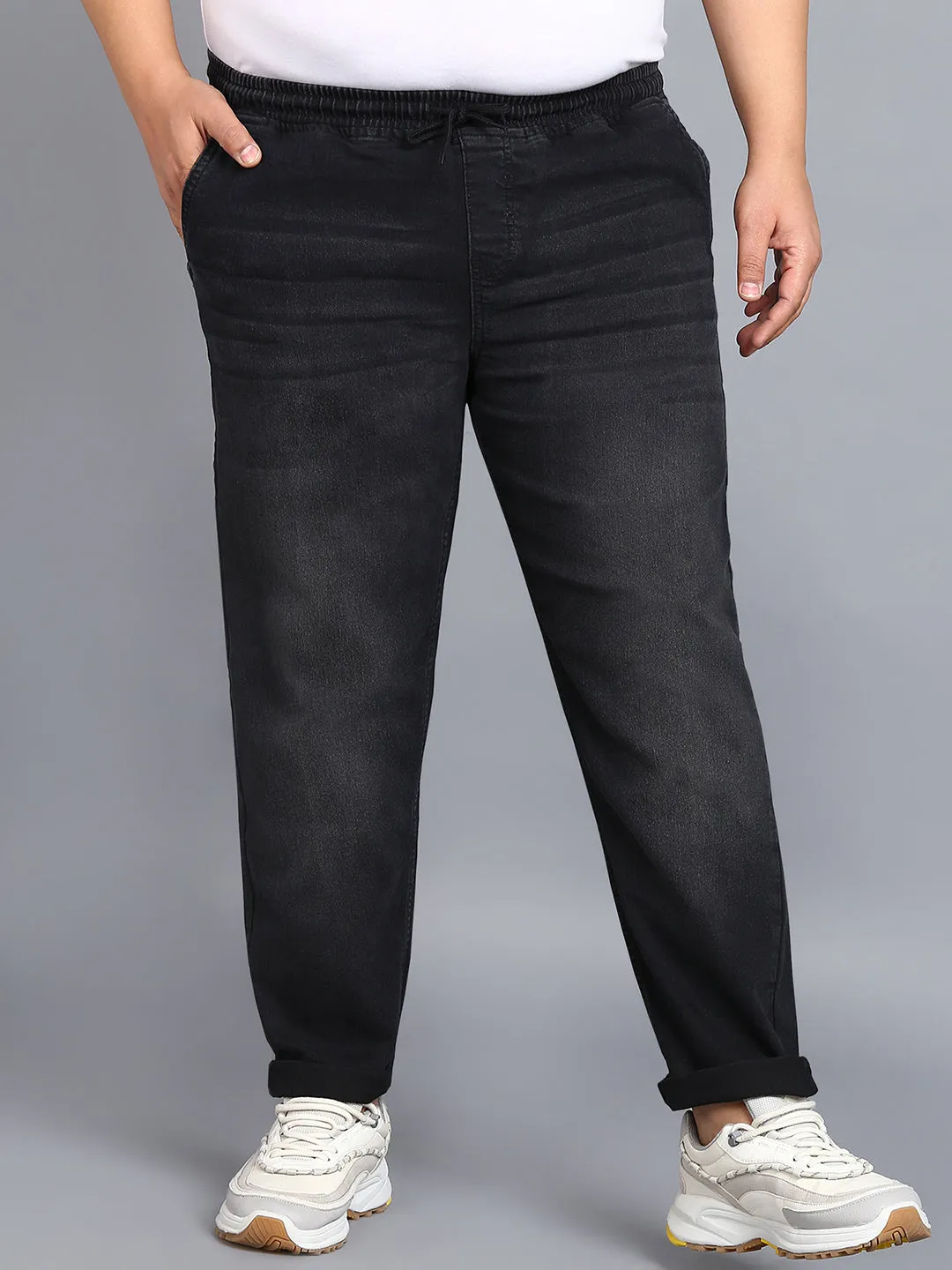 Plus Men's Black Regular Fit Washed Jogger Jeans Stretchable