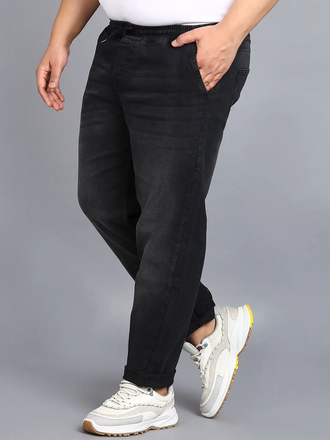 Plus Men's Black Regular Fit Washed Jogger Jeans Stretchable