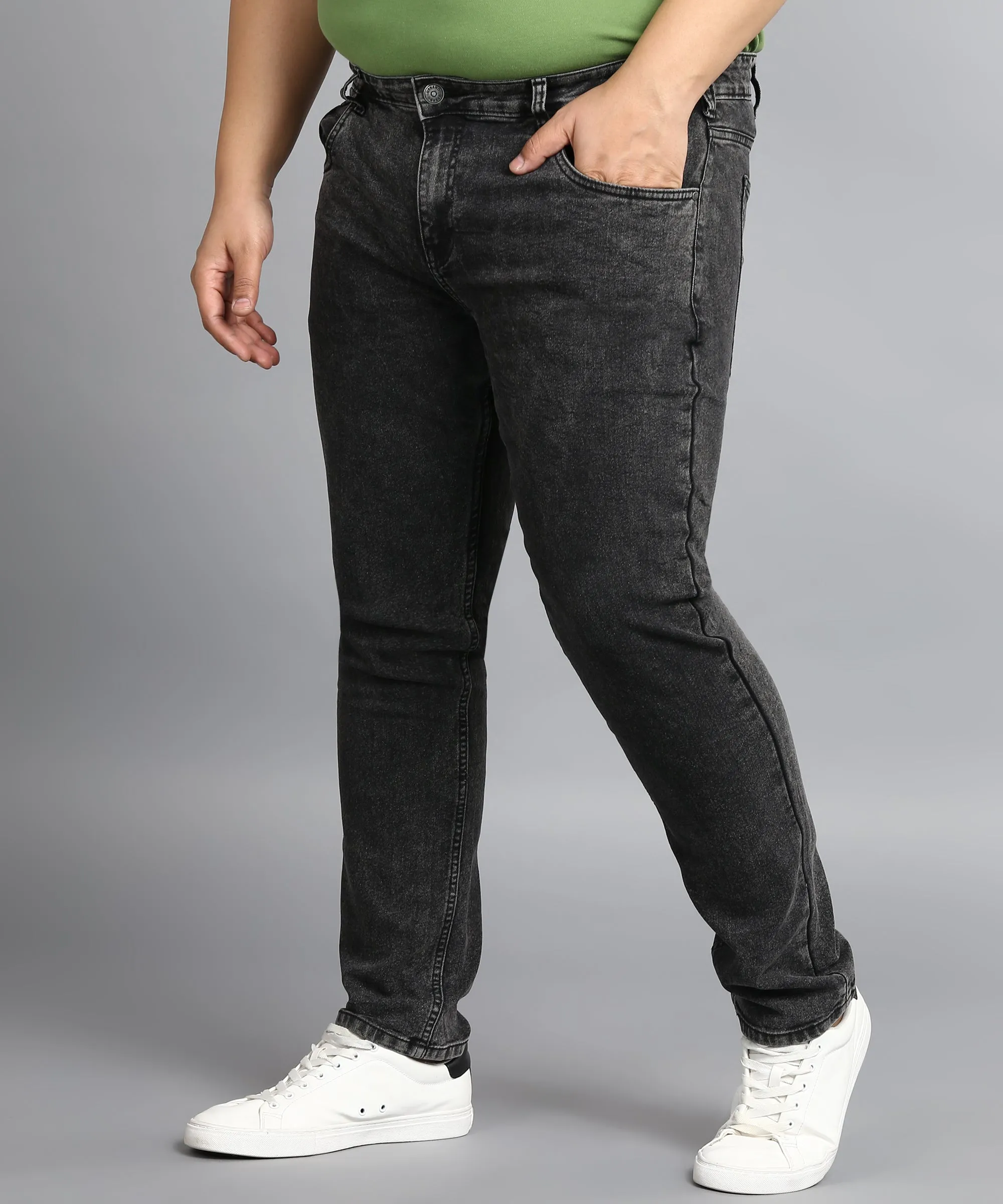 Plus Men's Carbon Grey Regular Fit Washed Jeans Stretchable