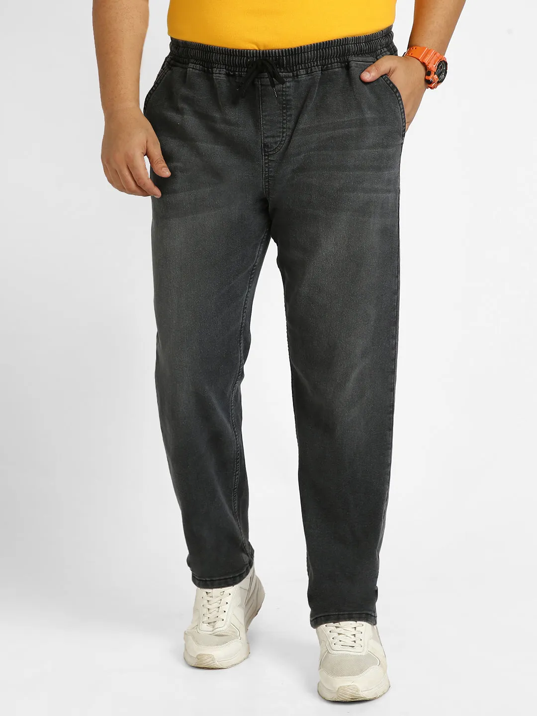 Plus Men's Dark Grey Regular Fit Washed Jogger Jeans Stretchable