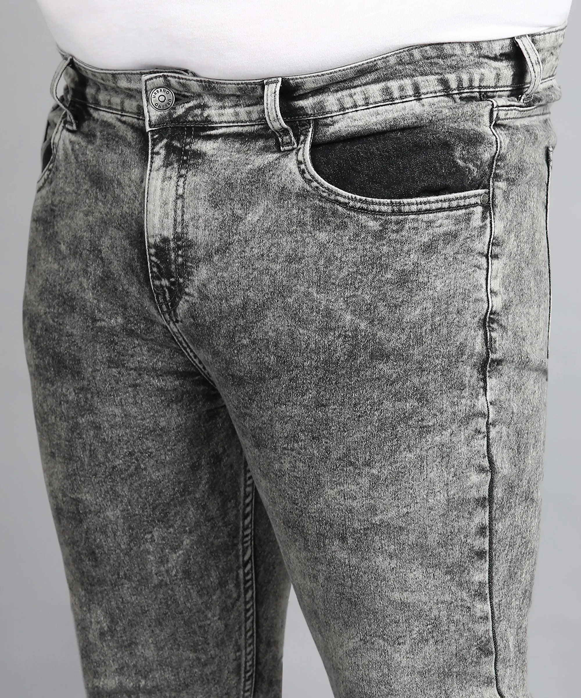 Plus Men's Grey Regular Fit Washed Jeans Stretchable