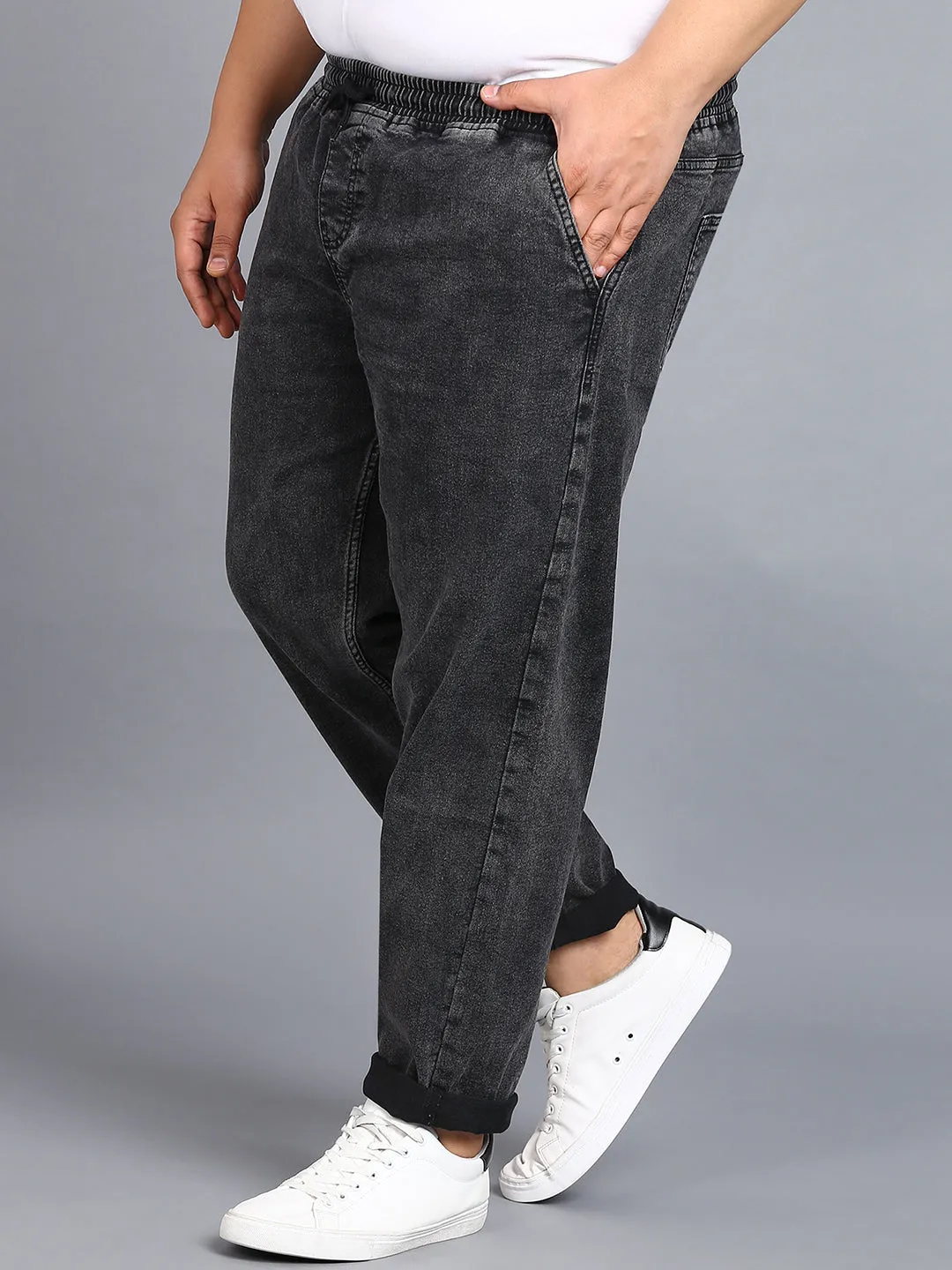 Plus Men's Jet Black Regular Fit Washed Jogger Jeans Stretchable