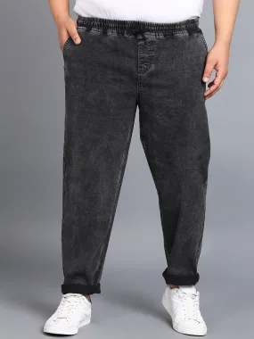 Plus Men's Jet Black Regular Fit Washed Jogger Jeans Stretchable