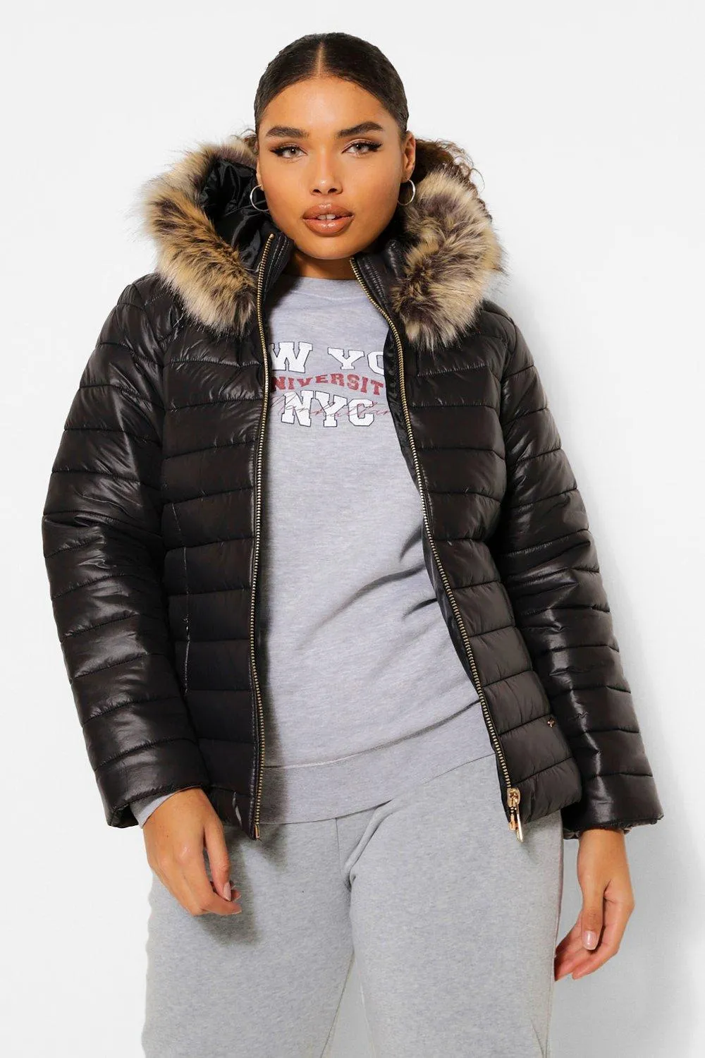 Plus Quilted Faux Fur Trim Puffer Jacket