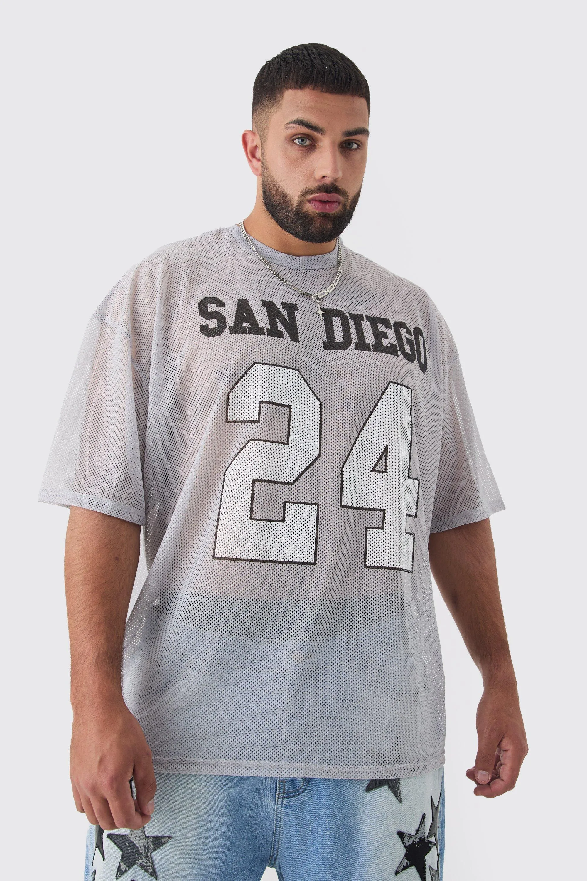 Plus San Diego Printed Varsity Mesh Basketball T-shirt In Blue