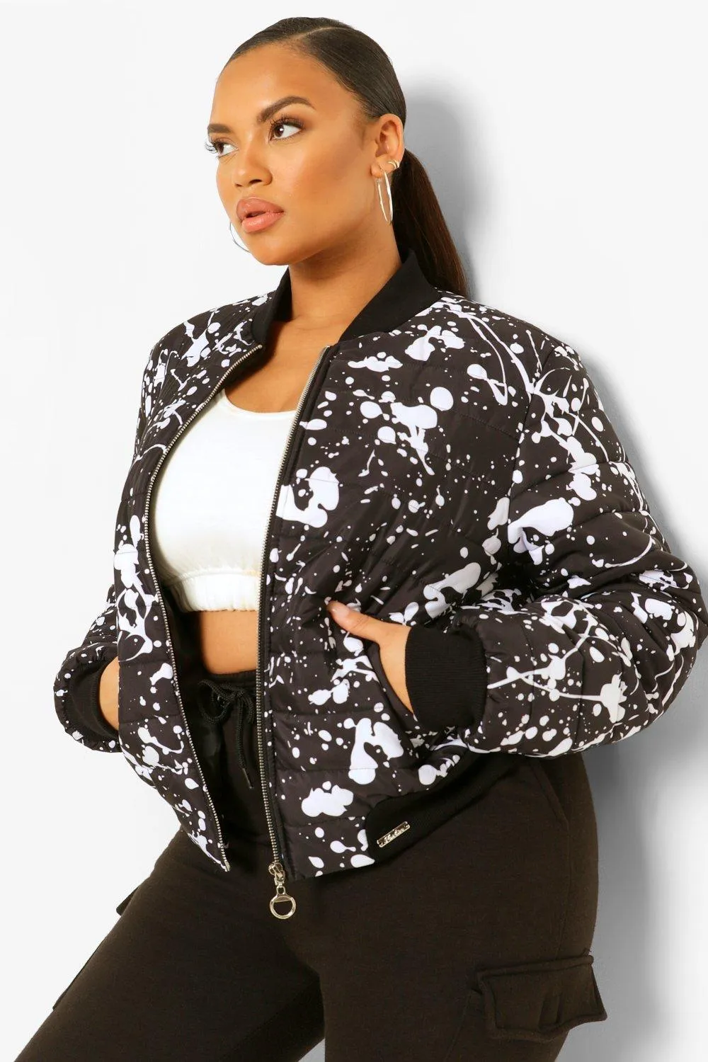 Plus Splash Print Puffer Bomber Jacket