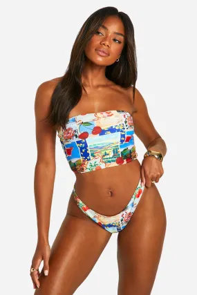 Postcard Print High Leg Bikini Bottoms