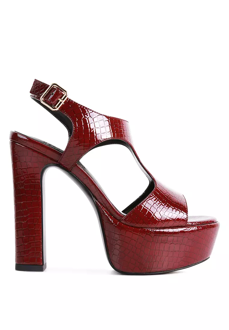 Rag & CO. Burgundy Croc High Heeled Cut Out Sandals