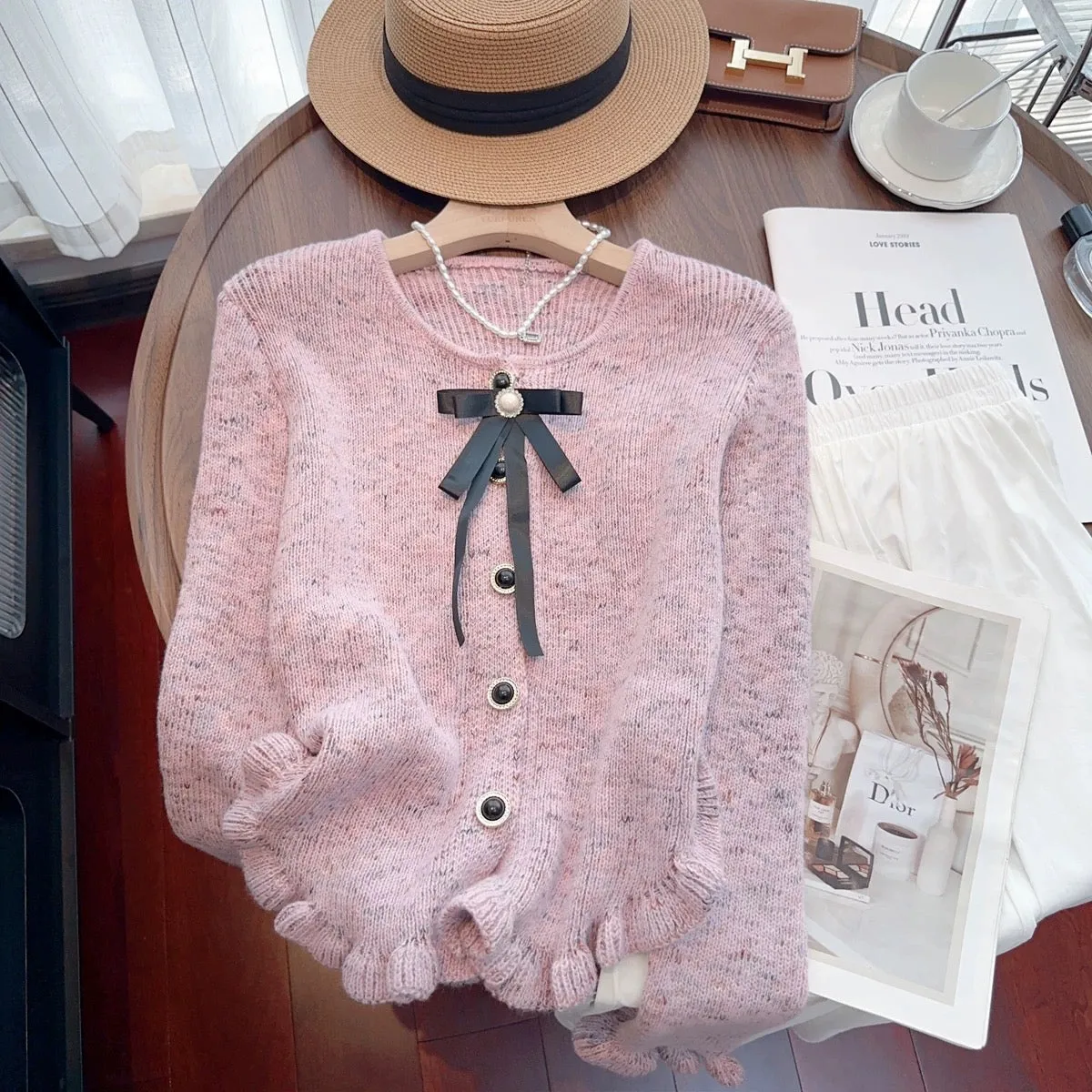Recommended by Nancy Cici for her own use~Small fragrant bow with fungus edge knitted cardigan sweater jacket for women in autum