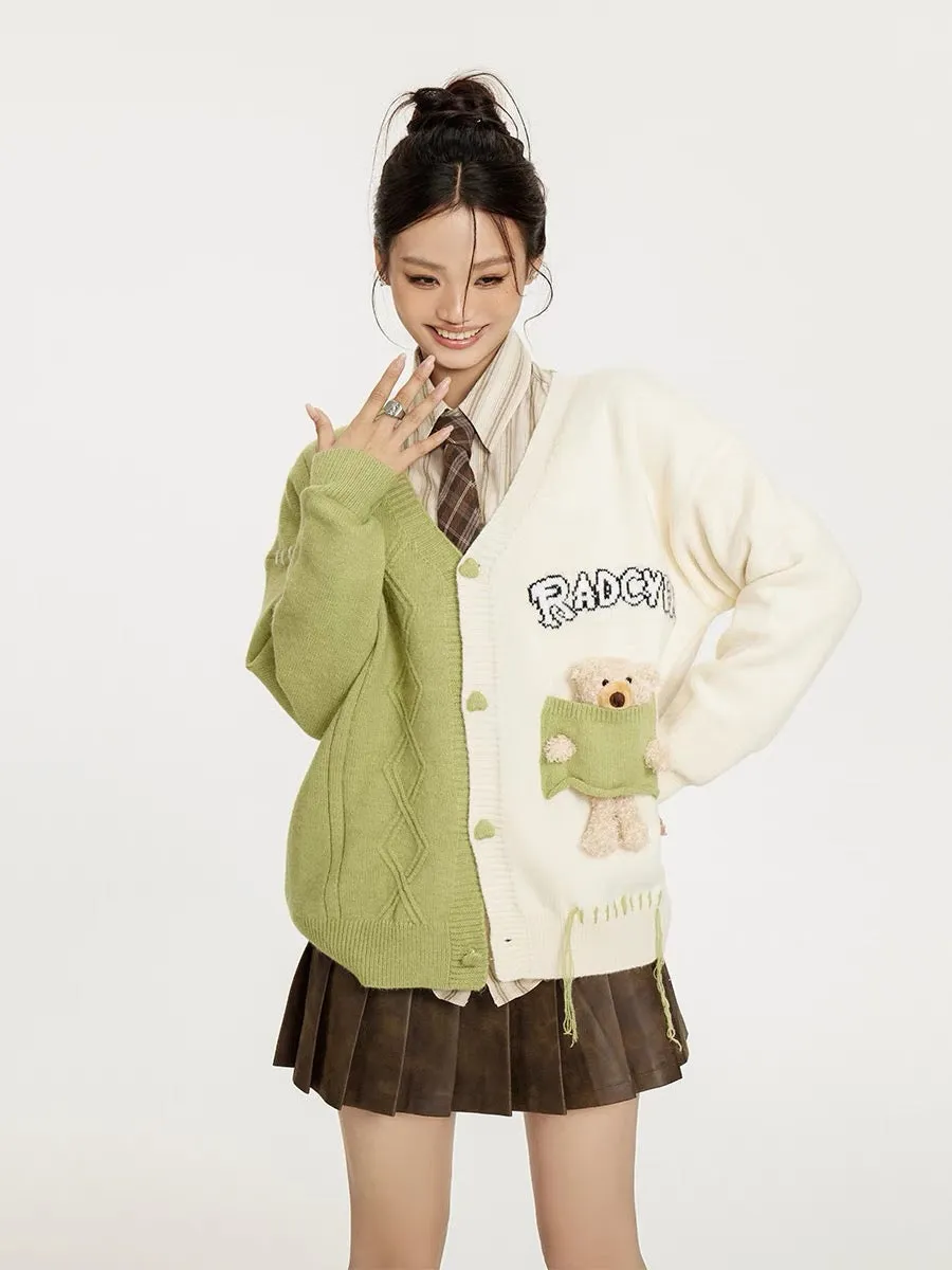 Sanowers patchwork contrasting color design, cute three-dimensional bear pendant, loose and lazy style V-neck cardigan sweater (