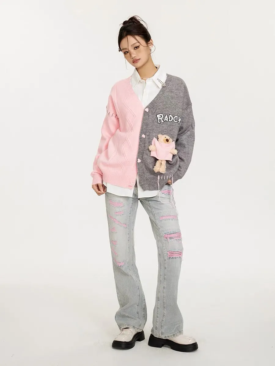 Sanowers patchwork contrasting color design, cute three-dimensional bear pendant, loose and lazy style V-neck cardigan sweater (