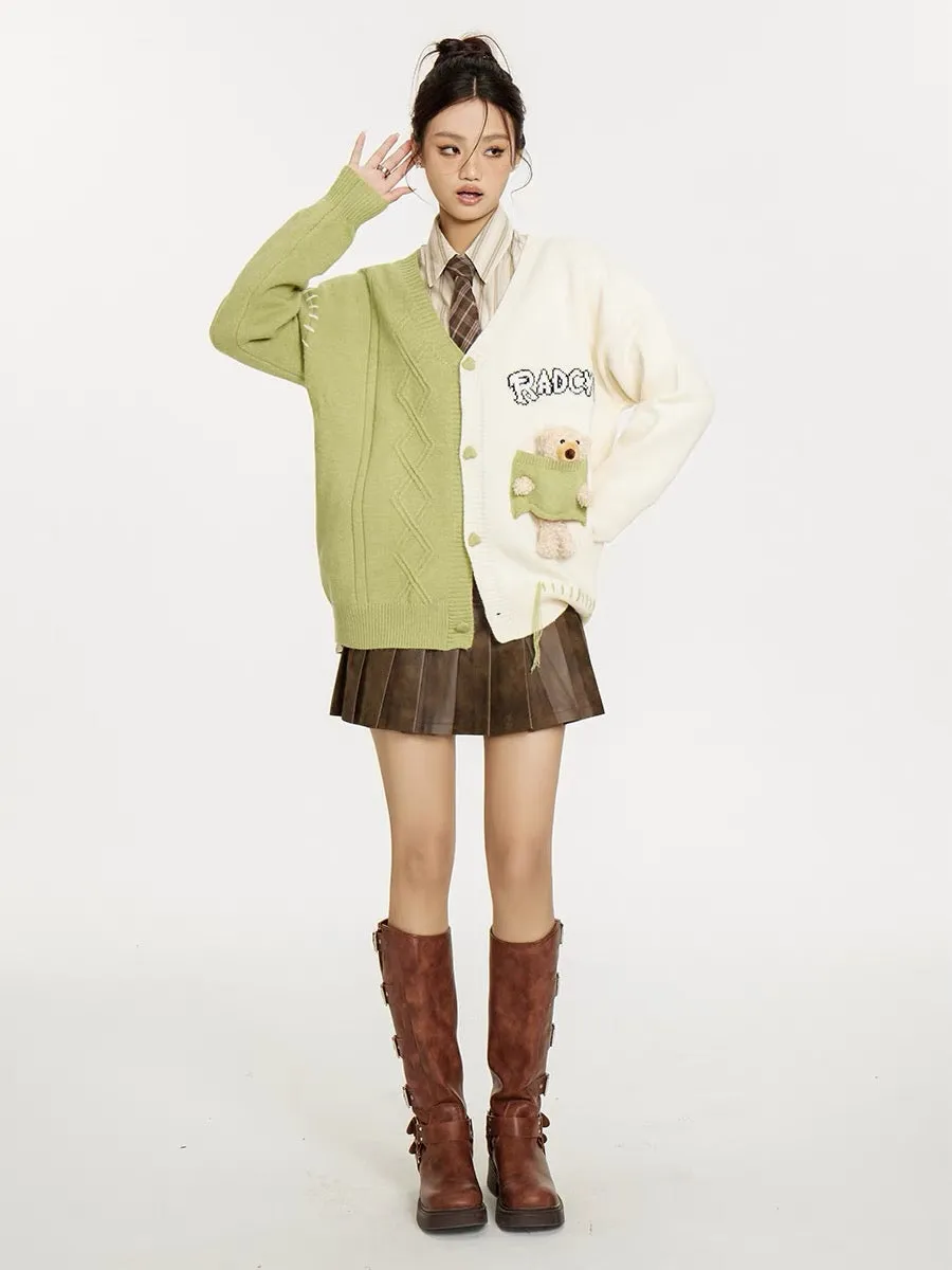 Sanowers patchwork contrasting color design, cute three-dimensional bear pendant, loose and lazy style V-neck cardigan sweater (