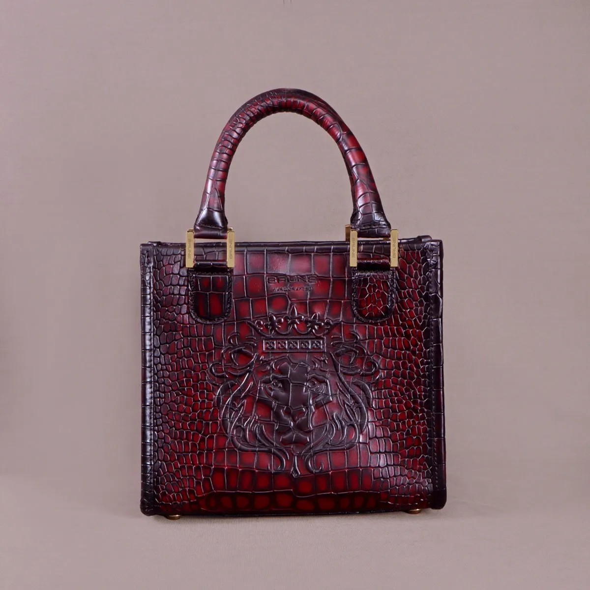 Small Size Hand Bag with Embossed Lion Smoky Wine Croco Deep Cut Textured Leather