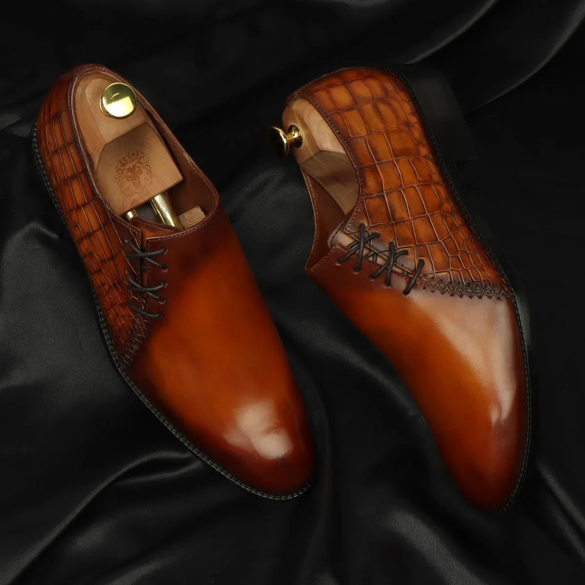 Tan Cross Stitched Side Lacing with Quarter Deep Cut Croco Leather Formal Shoes by Brune & Bareskin