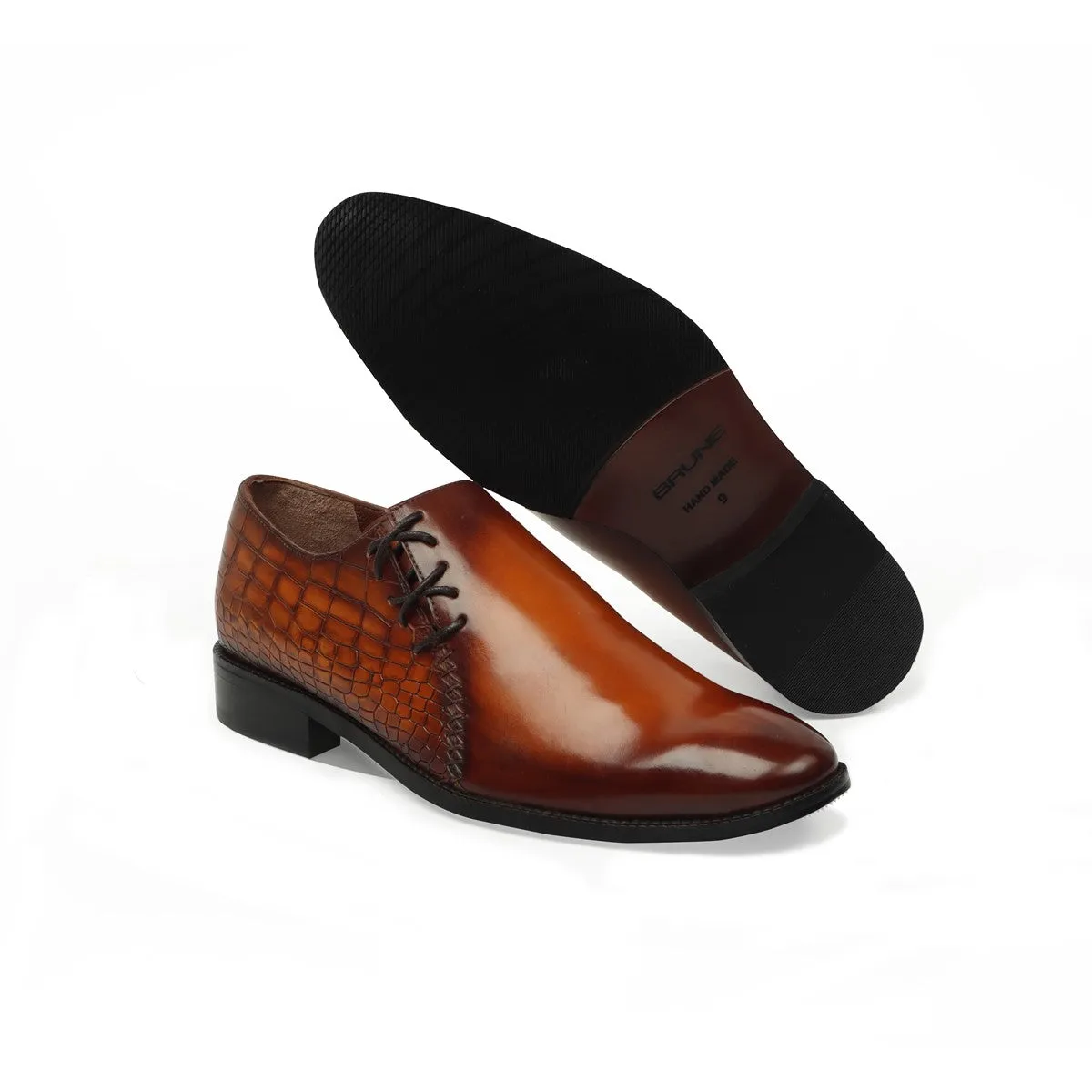 Tan Cross Stitched Side Lacing with Quarter Deep Cut Croco Leather Formal Shoes by Brune & Bareskin