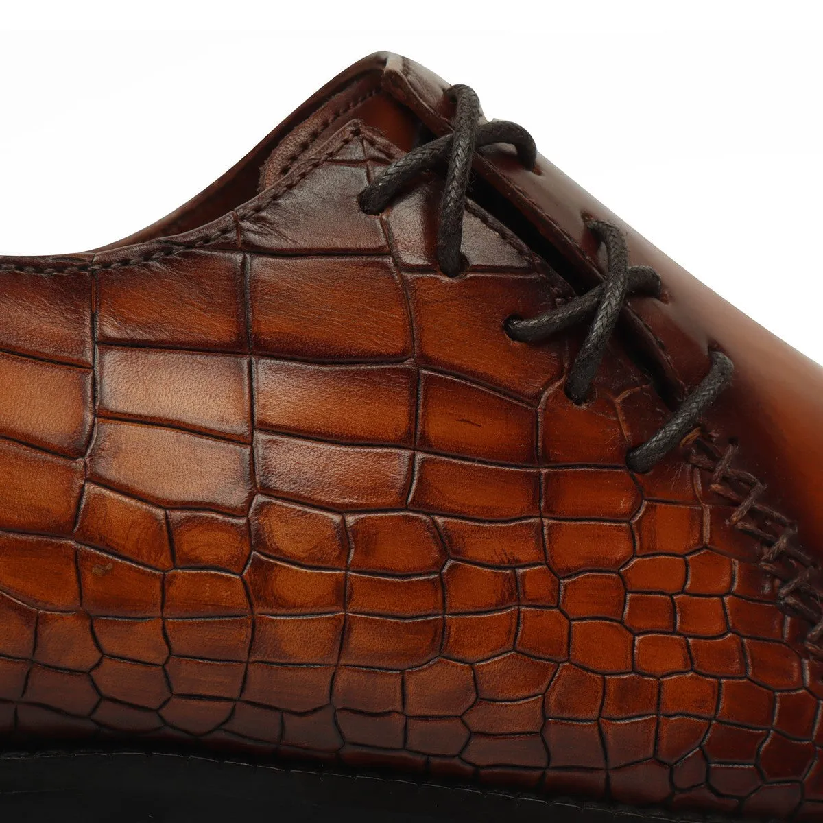 Tan Cross Stitched Side Lacing with Quarter Deep Cut Croco Leather Formal Shoes by Brune & Bareskin