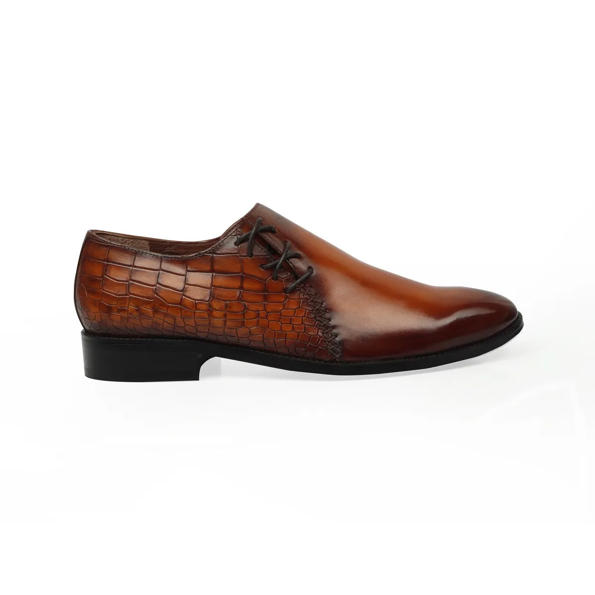 Tan Cross Stitched Side Lacing with Quarter Deep Cut Croco Leather Formal Shoes by Brune & Bareskin