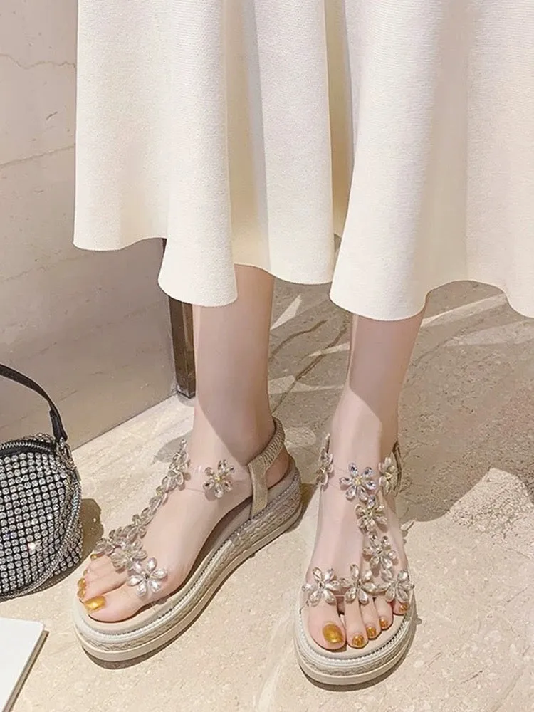 Thick-soled sandals for women 2024 summer new style Internet celebrity versatile fashion wedge heel flower rhinestone fairy seas