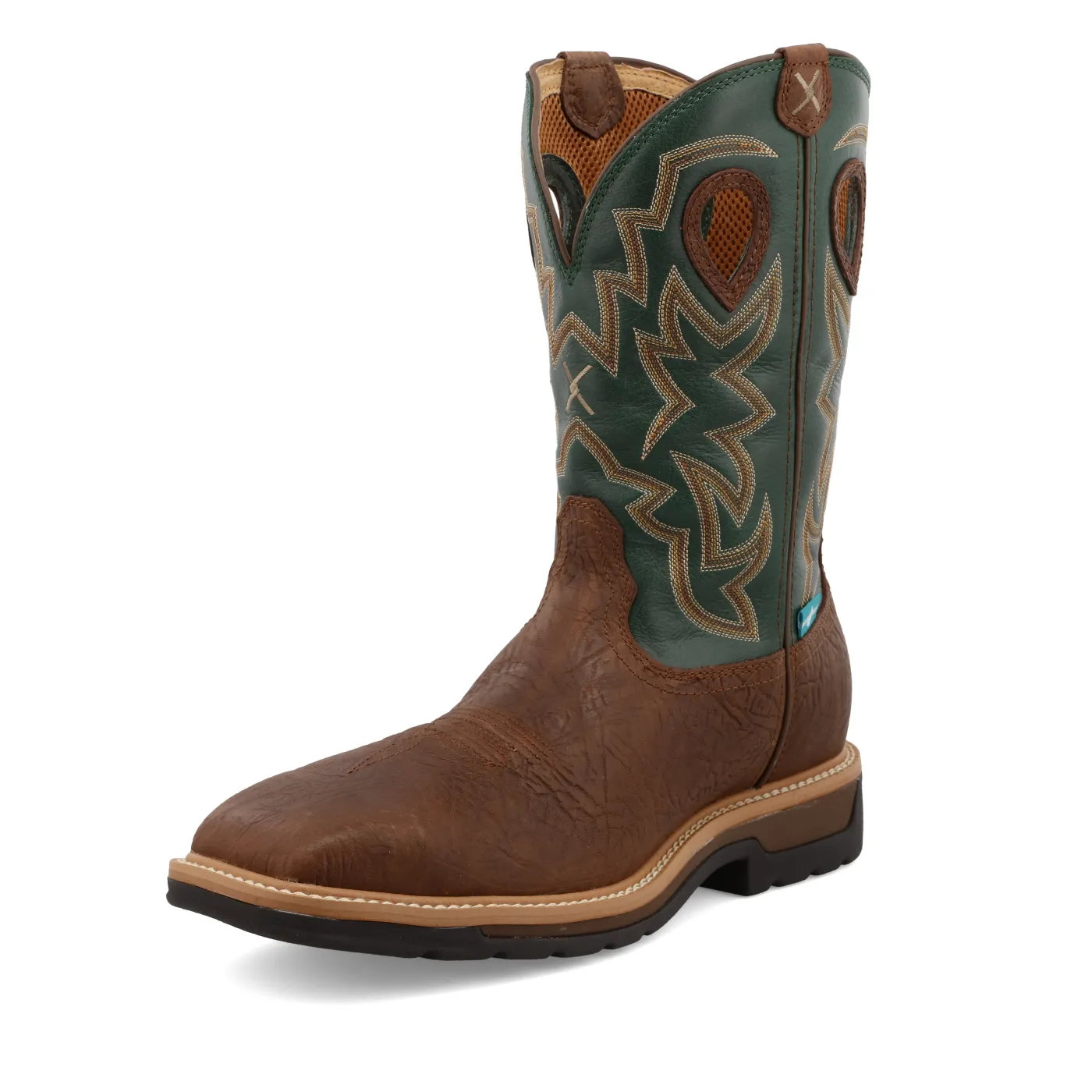Twisted X Waterproof Western Work Boot – Distressed Saddle & Green