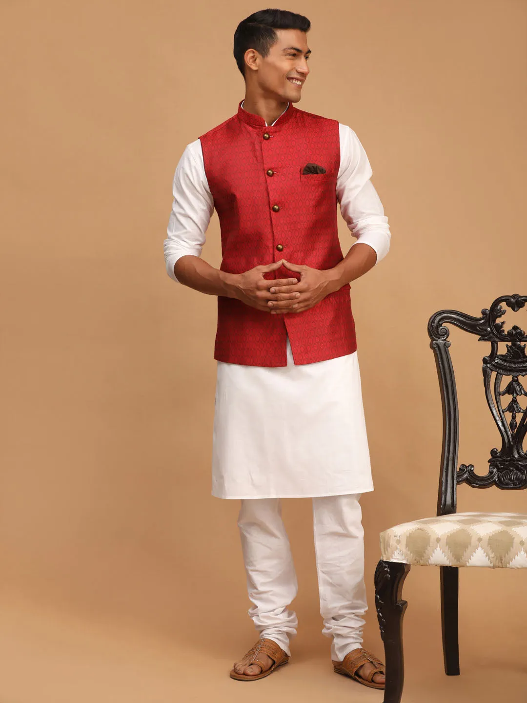VASTRAMAY Men's Maroon Jacquard Nehru Jacket with Kurta Pyjama Set