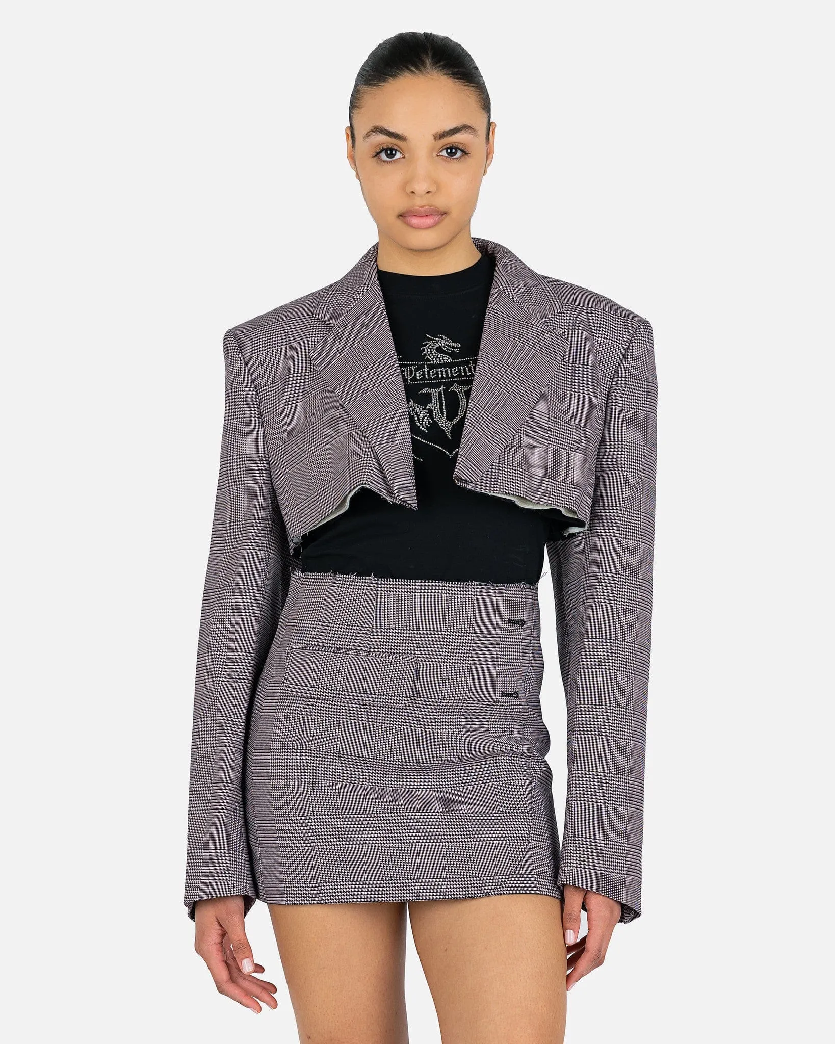 VETEMENTS Cropped Tailored Jacket in Light Pink Check