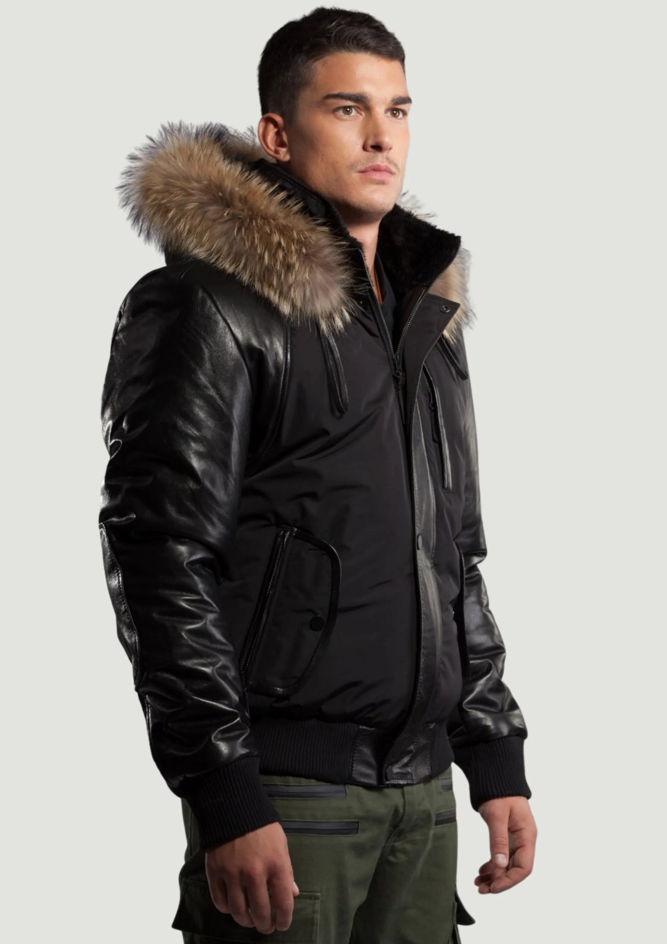 Victor Men's Winter Jacket Leather Sleeves With Natural Fur