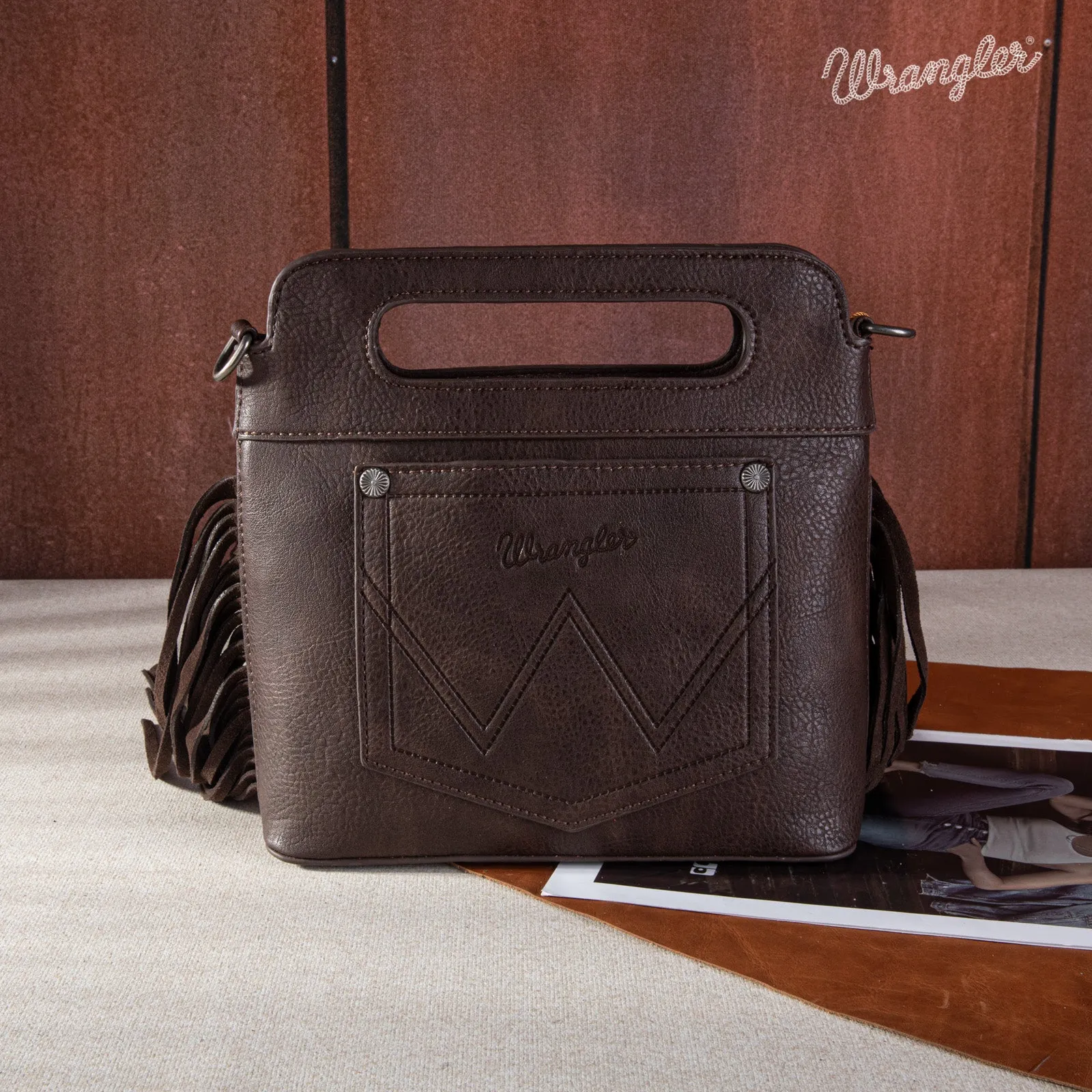 WG110-2022  Wrangler Top Handle Embroidered Fringe Mini Tote/Crossbody -Coffee