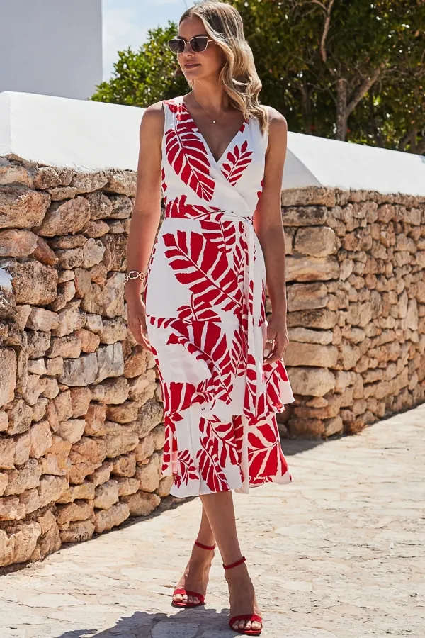 White & Red Palm Print Midi Wrap Dress