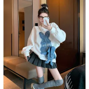 White heavy industry rabbit pullover sweatshirt for women spring and autumn 2023 new loose lazy style oversize round neck top