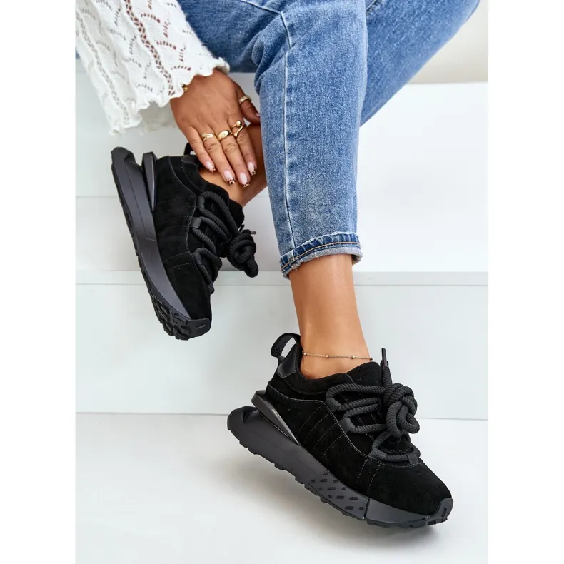 Women's Suede Sneakers On A Platform With Thick Lacing Artiker 54C1464 Black