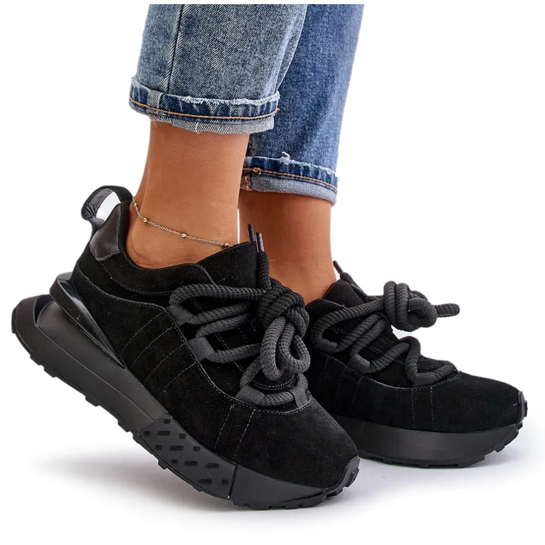 Women's Suede Sneakers On A Platform With Thick Lacing Artiker 54C1464 Black