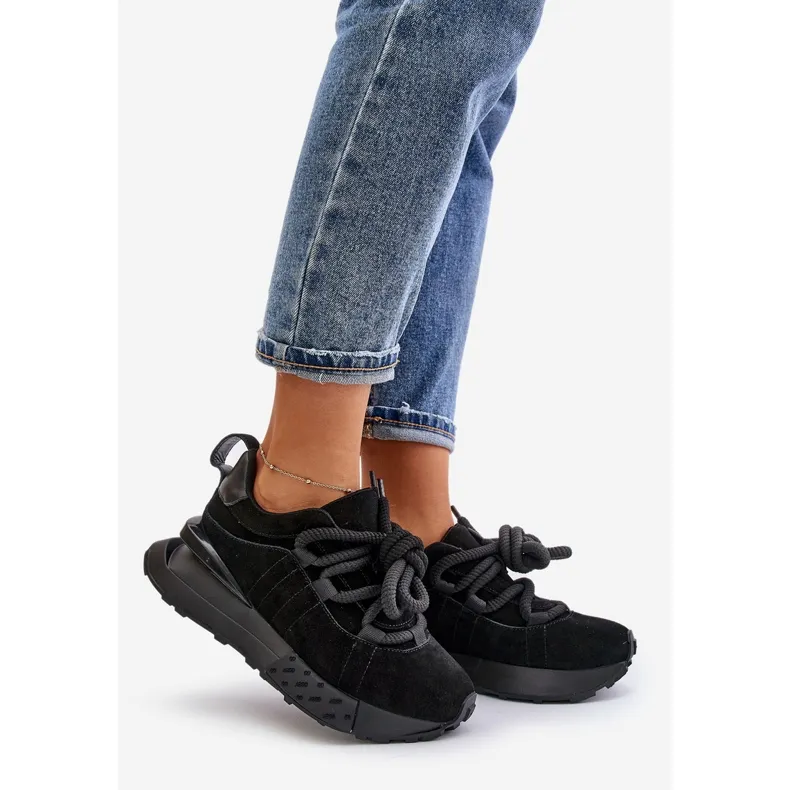 Women's Suede Sneakers On A Platform With Thick Lacing Artiker 54C1464 Black