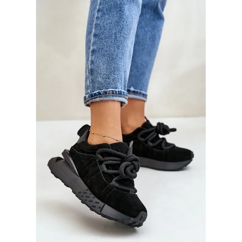 Women's Suede Sneakers On A Platform With Thick Lacing Artiker 54C1464 Black