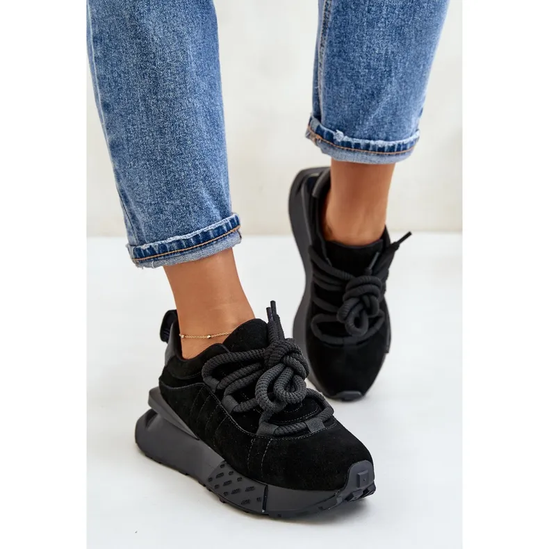 Women's Suede Sneakers On A Platform With Thick Lacing Artiker 54C1464 Black