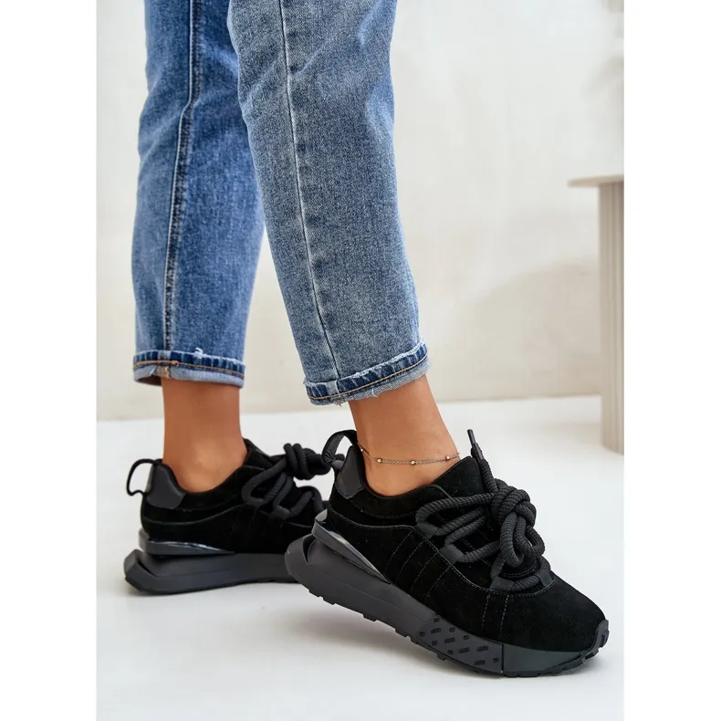 Women's Suede Sneakers On A Platform With Thick Lacing Artiker 54C1464 Black