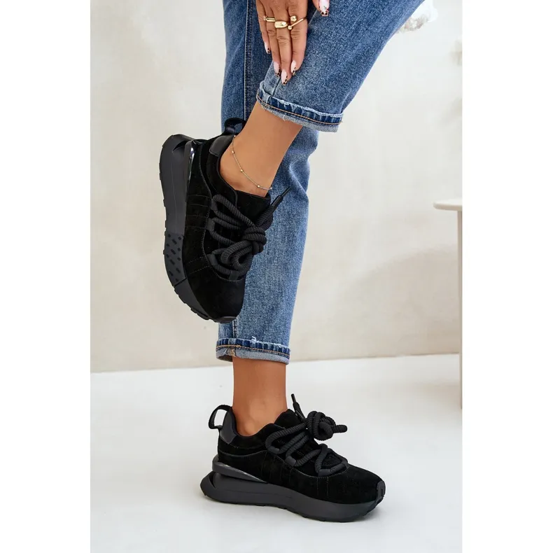 Women's Suede Sneakers On A Platform With Thick Lacing Artiker 54C1464 Black