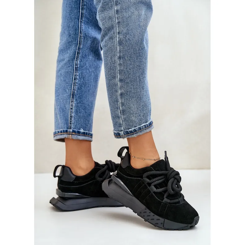 Women's Suede Sneakers On A Platform With Thick Lacing Artiker 54C1464 Black