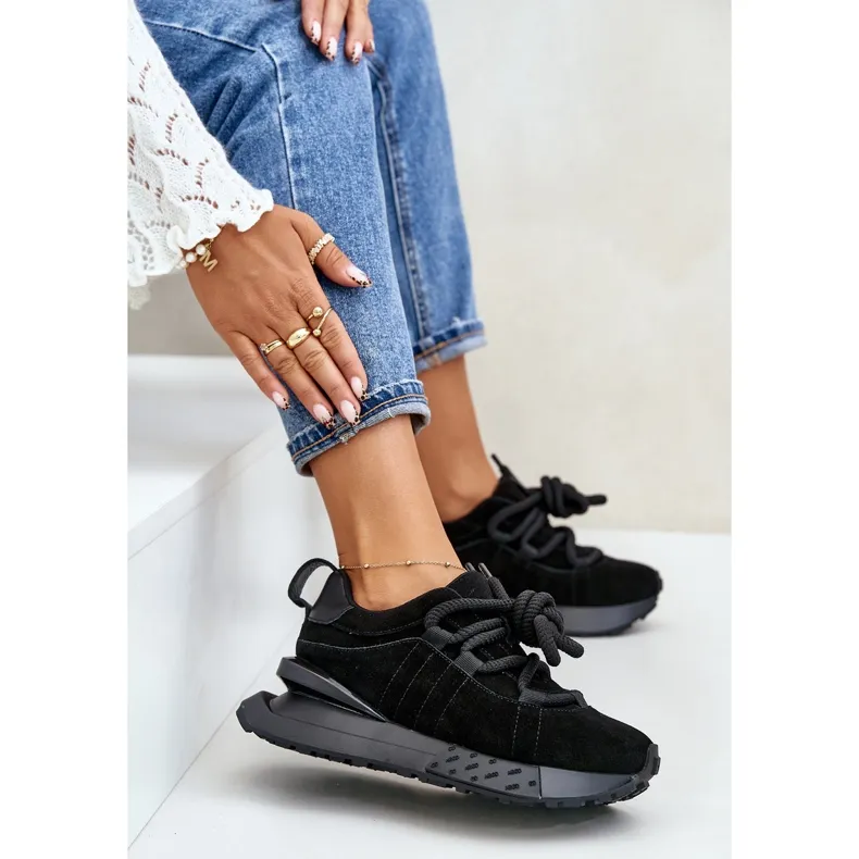 Women's Suede Sneakers On A Platform With Thick Lacing Artiker 54C1464 Black