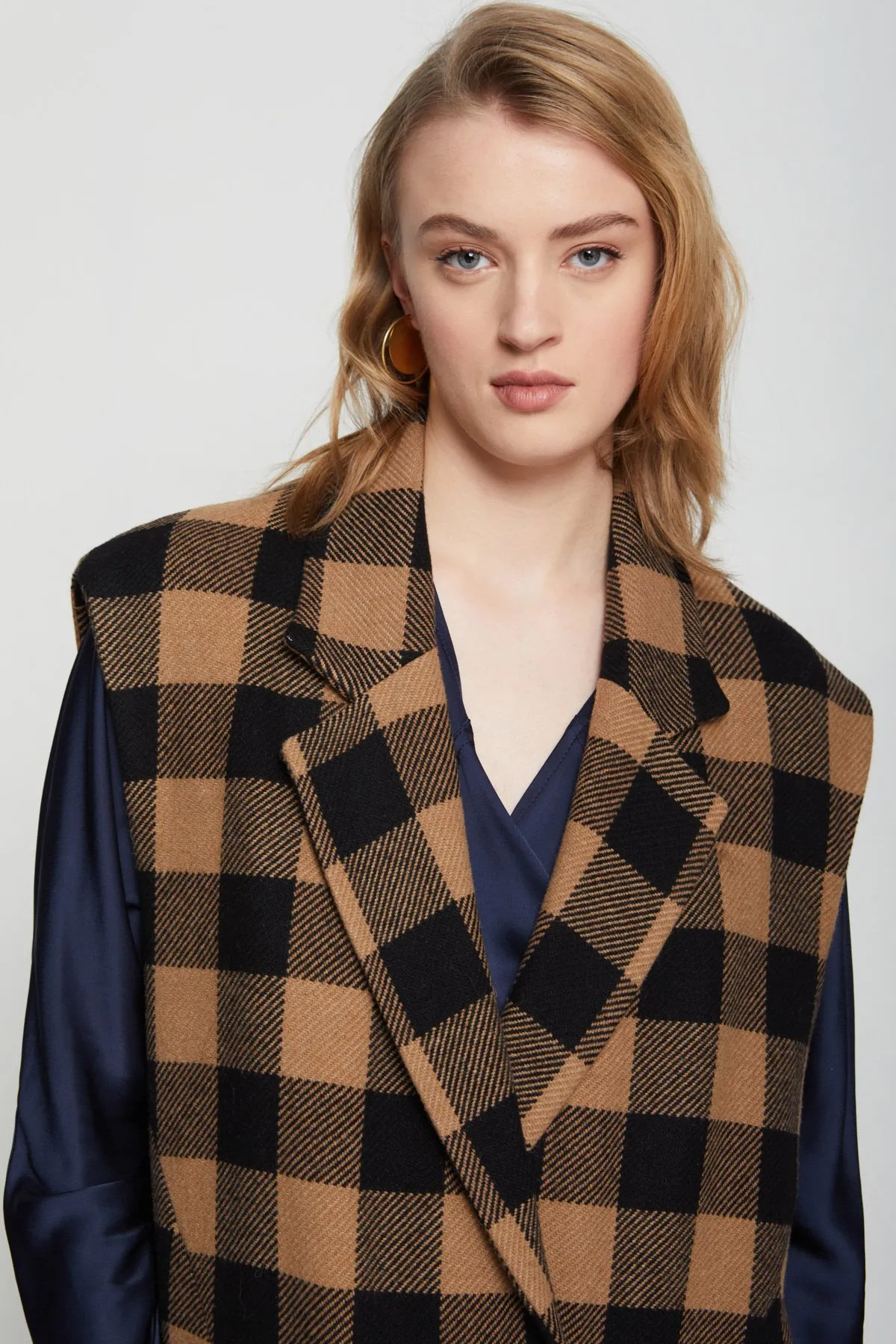 Wool-blend checked sleveless jacket