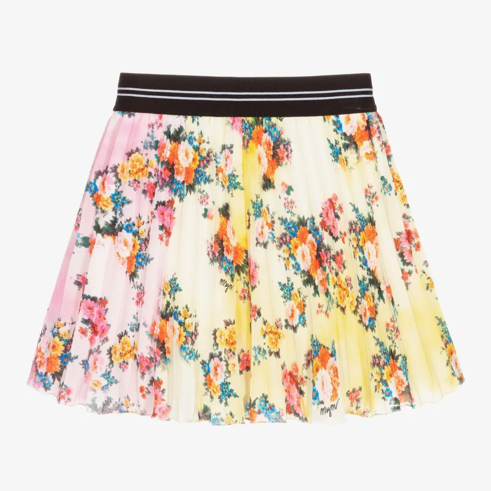 Yellow Floral Pleated Skirt